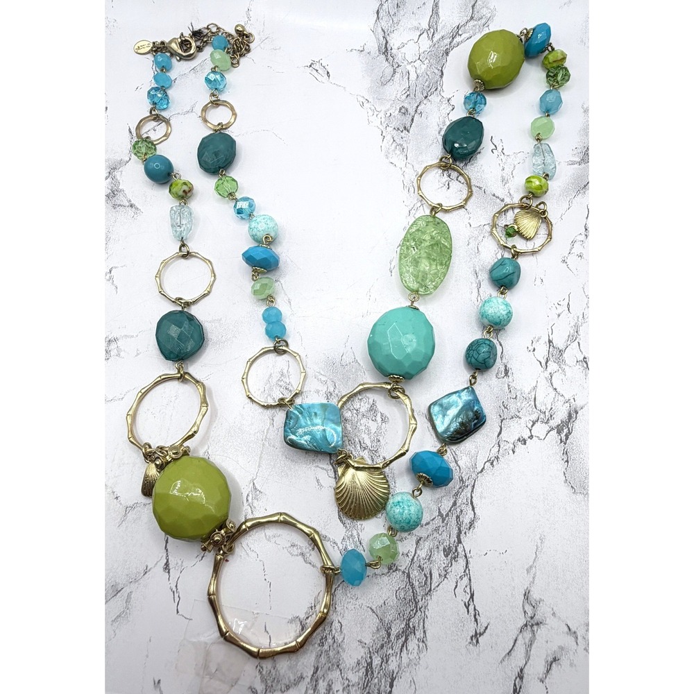 Chico's Boho Chunky Beaded Statement Necklace Aqua Lime Gold 40"